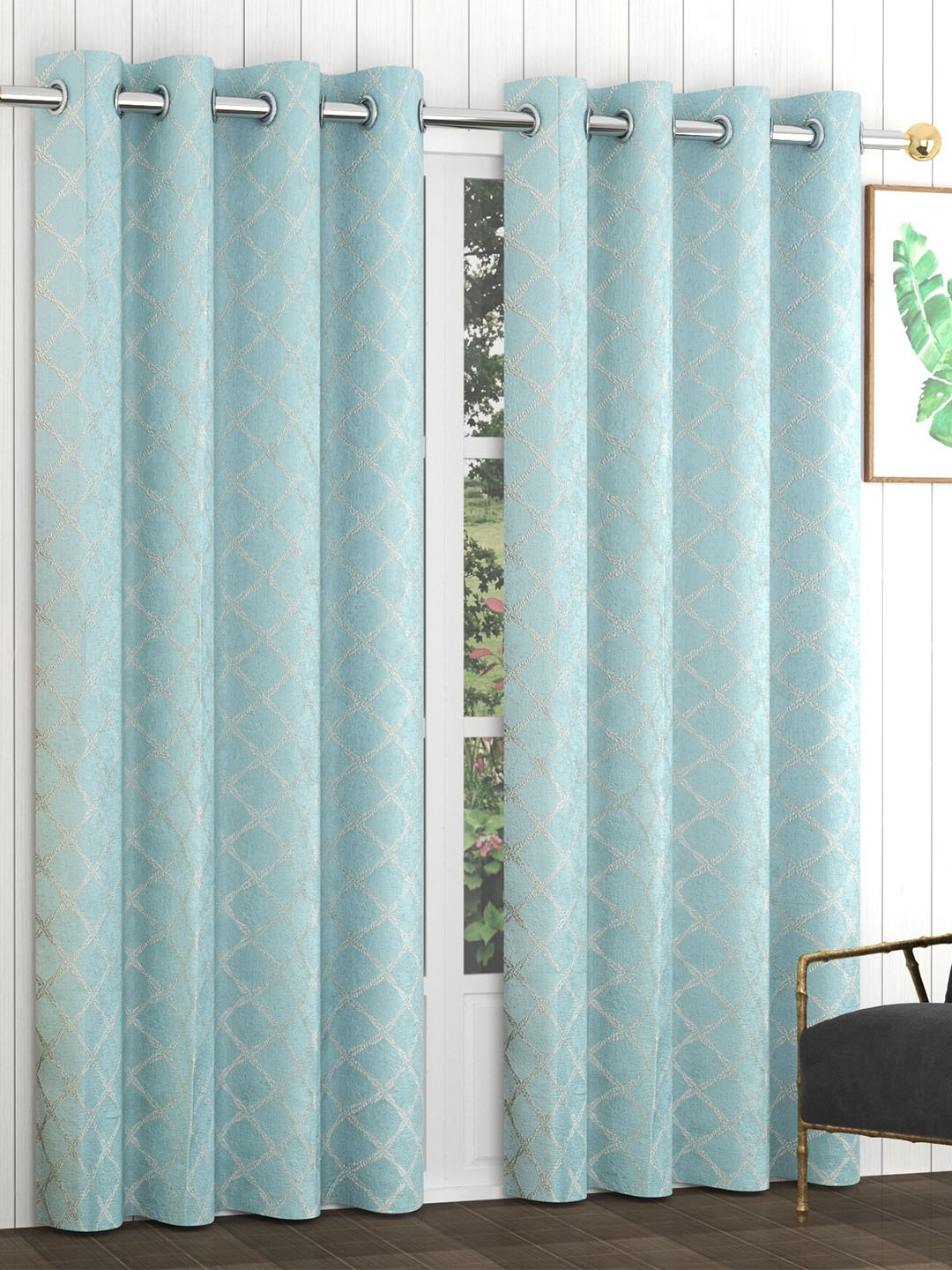 

Bajo's Turquoise Blue & White Set of 2 Geometric Door Curtain