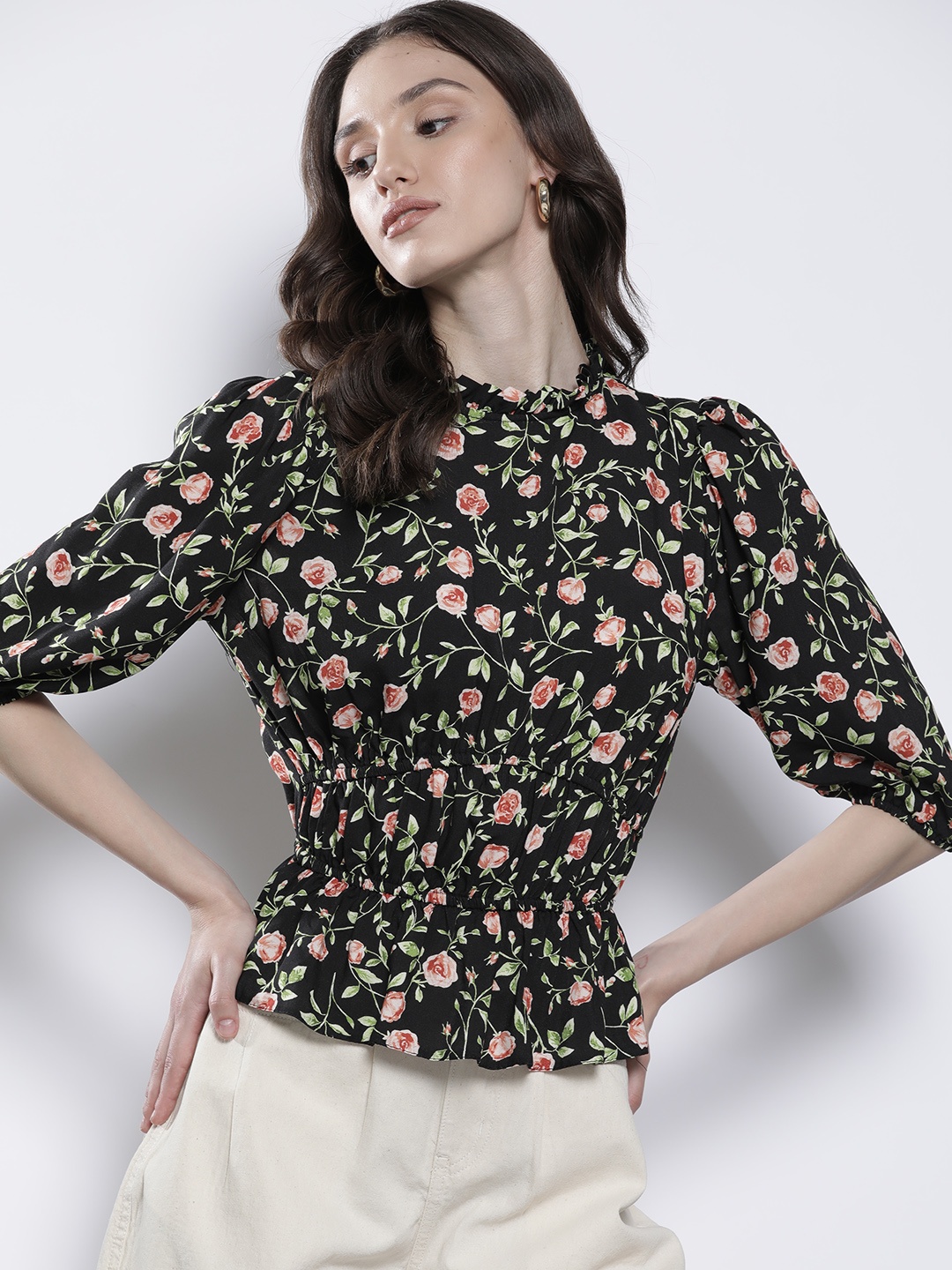 

DOROTHY PERKINS Floral Print Puff Sleeve Cinched Waist Top, Black