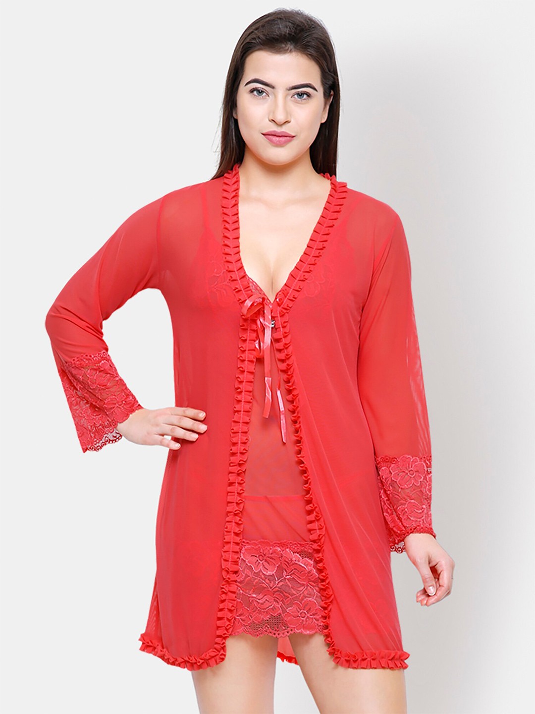 

FashionRack Net Baby Doll With Robe, Red