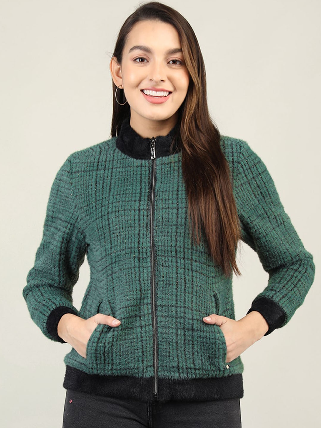 

LURE URBAN Women Checked Bomber Jacket, Green