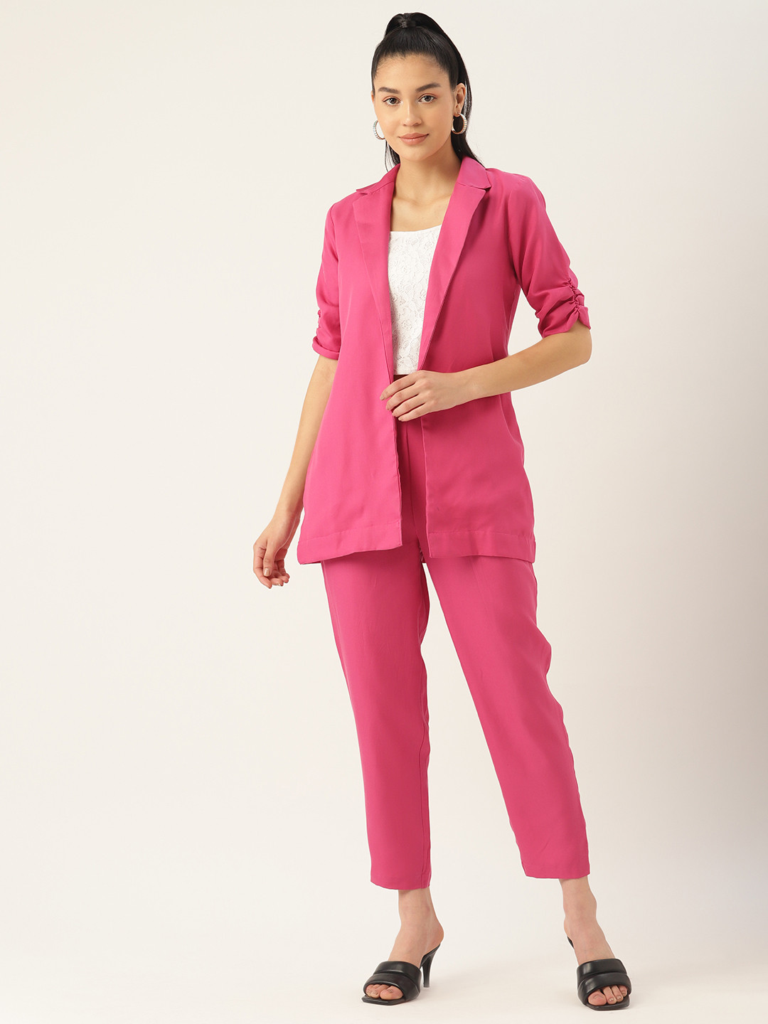 

MISRI Women Solid Coat & Trousers With Camisole, Pink