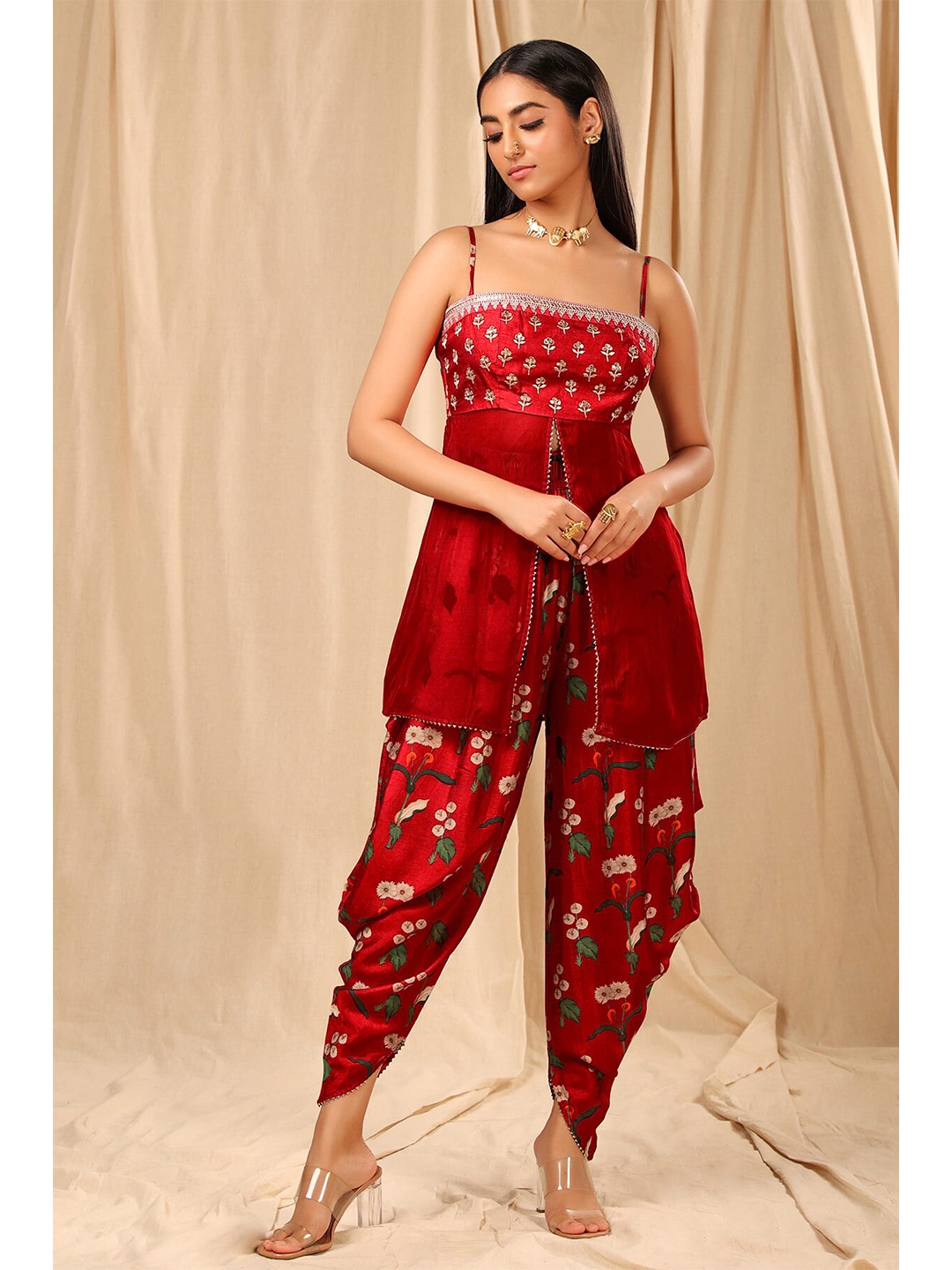 

Masaba Floral Embroidered Top with Dhoti Pants, Red