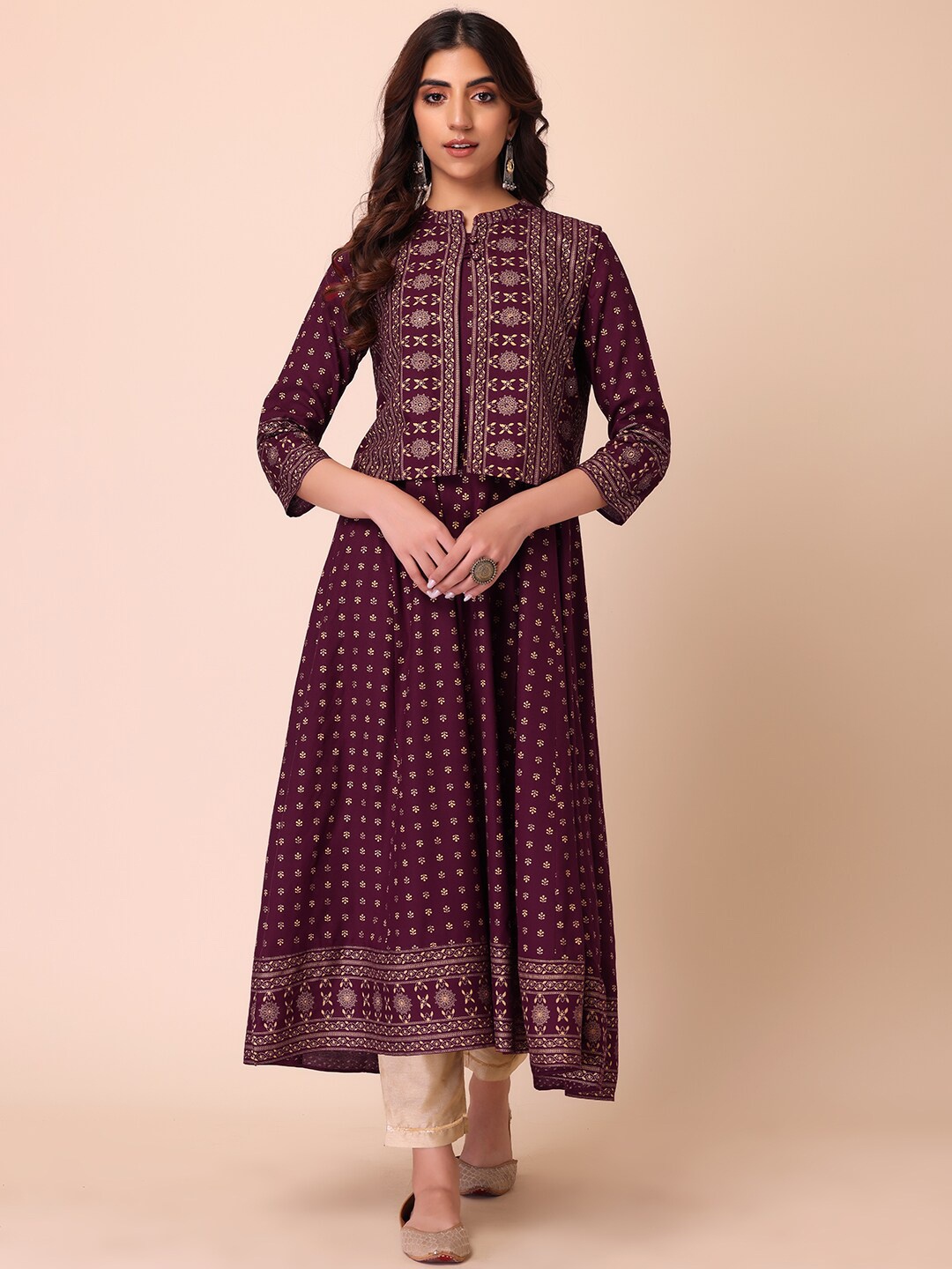 

INDYA Ethnic Motifs Printed Kurti with Trousers, Maroon