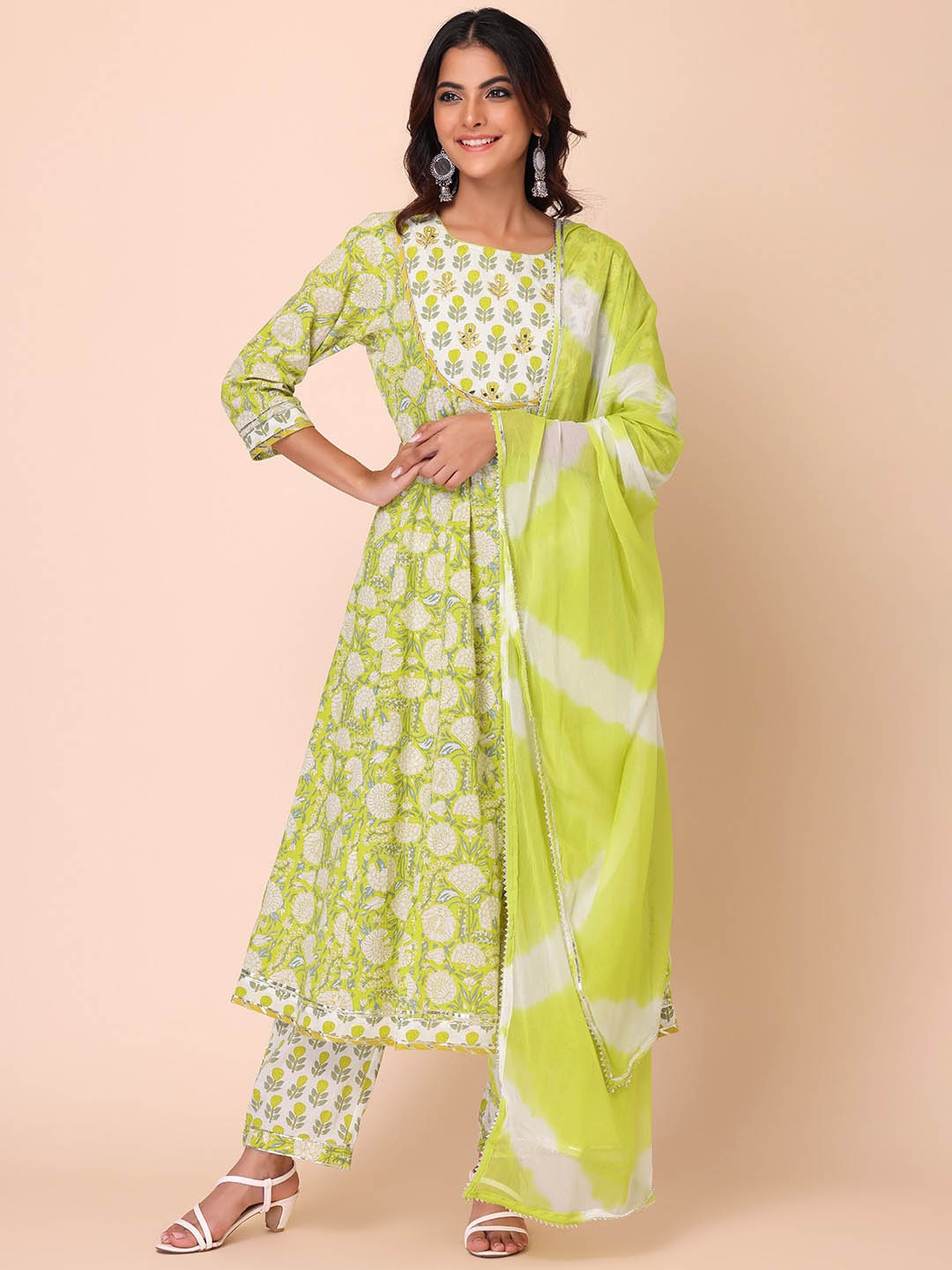 

INDYA Floral Printed Pleated Pure Cotton Kurti with Trousers & With Dupatta, Green