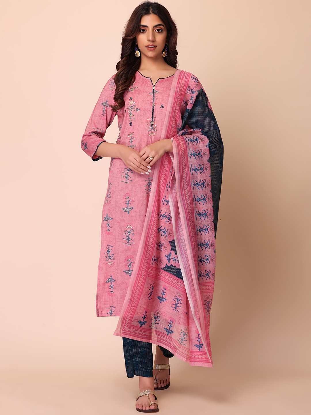 

INDYA Ethnic Motifs Printed Kurti with Trousers & With Dupatta, Pink