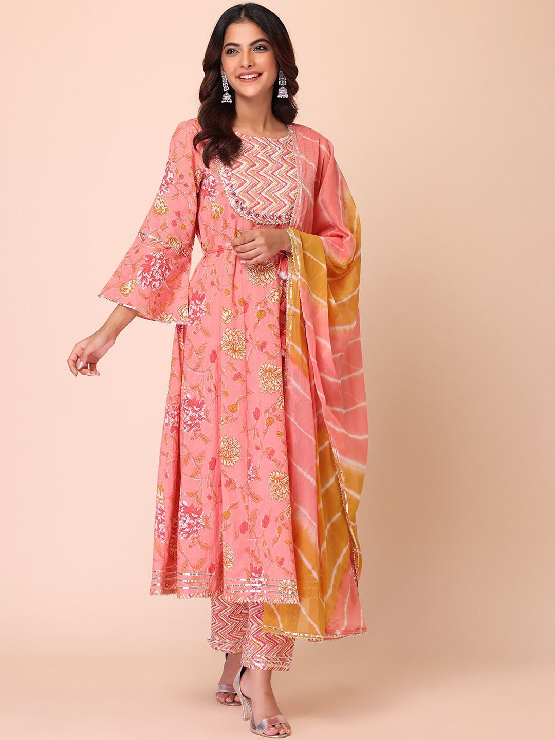 

INDYA Ethnic Motifs Printed Pure Cotton Kurti with Trousers & With Dupatta, Pink