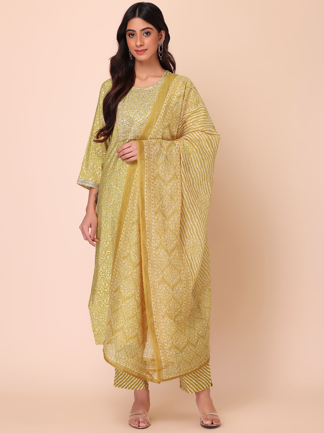 

INDYA Women Ethnic Motifs Printed Sequinned Kurta With Trousers & Dupatta, Yellow