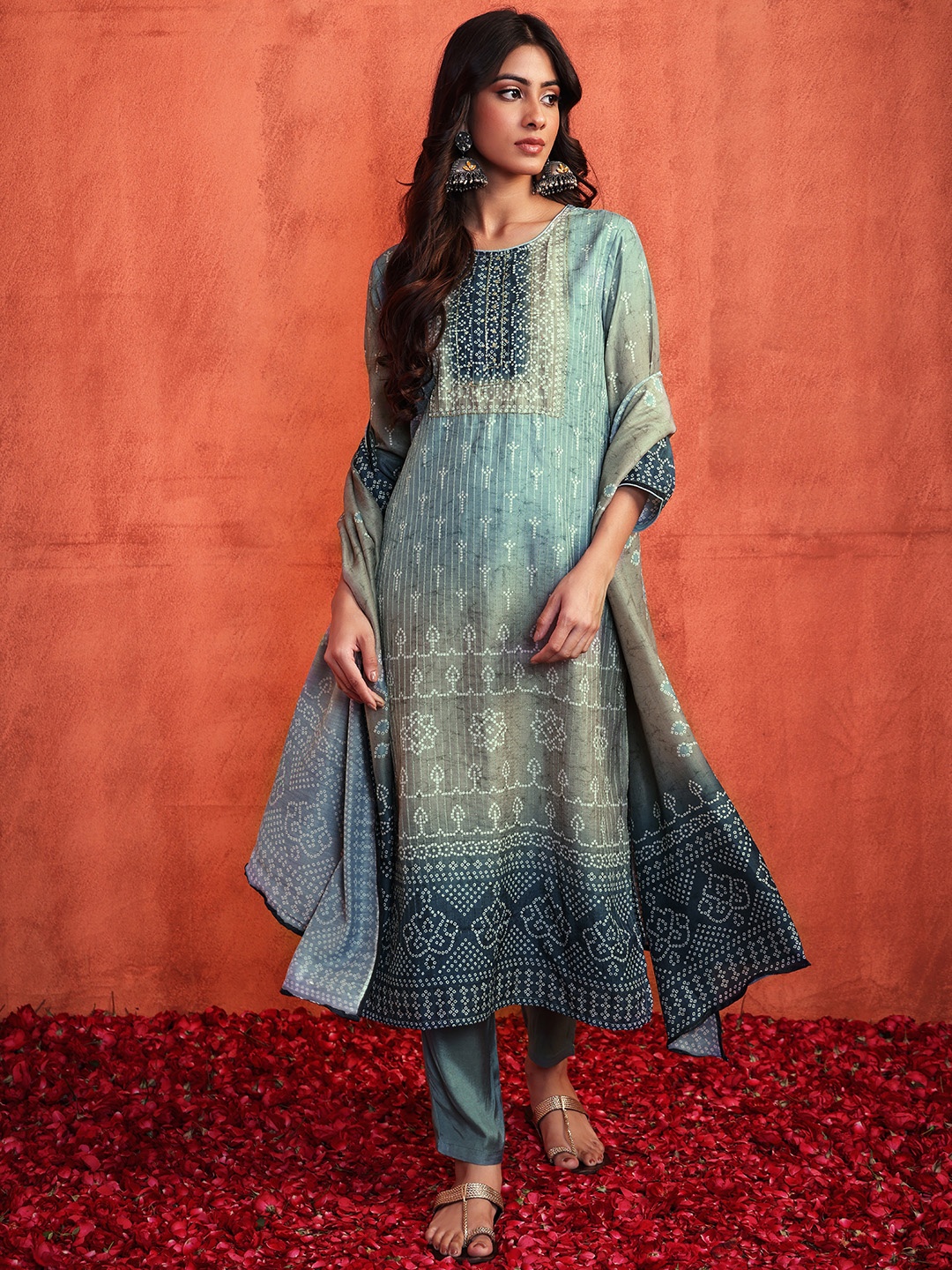 

INDYA Women Bandhani Printed Beads and Stones Kurta With Trousers & Dupatta, Blue