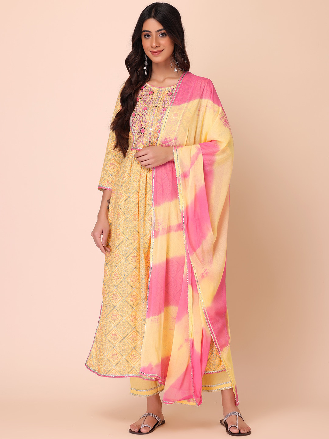 

INDYA Women Floral Printed Mirror Work Pure Cotton Kurta With Trousers & Dupatta, Yellow