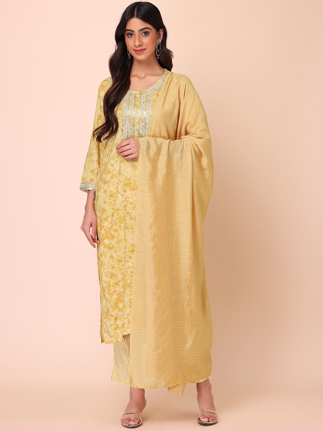 

INDYA Women Floral Embroidered Kurta with Trousers & Dupatta, Yellow