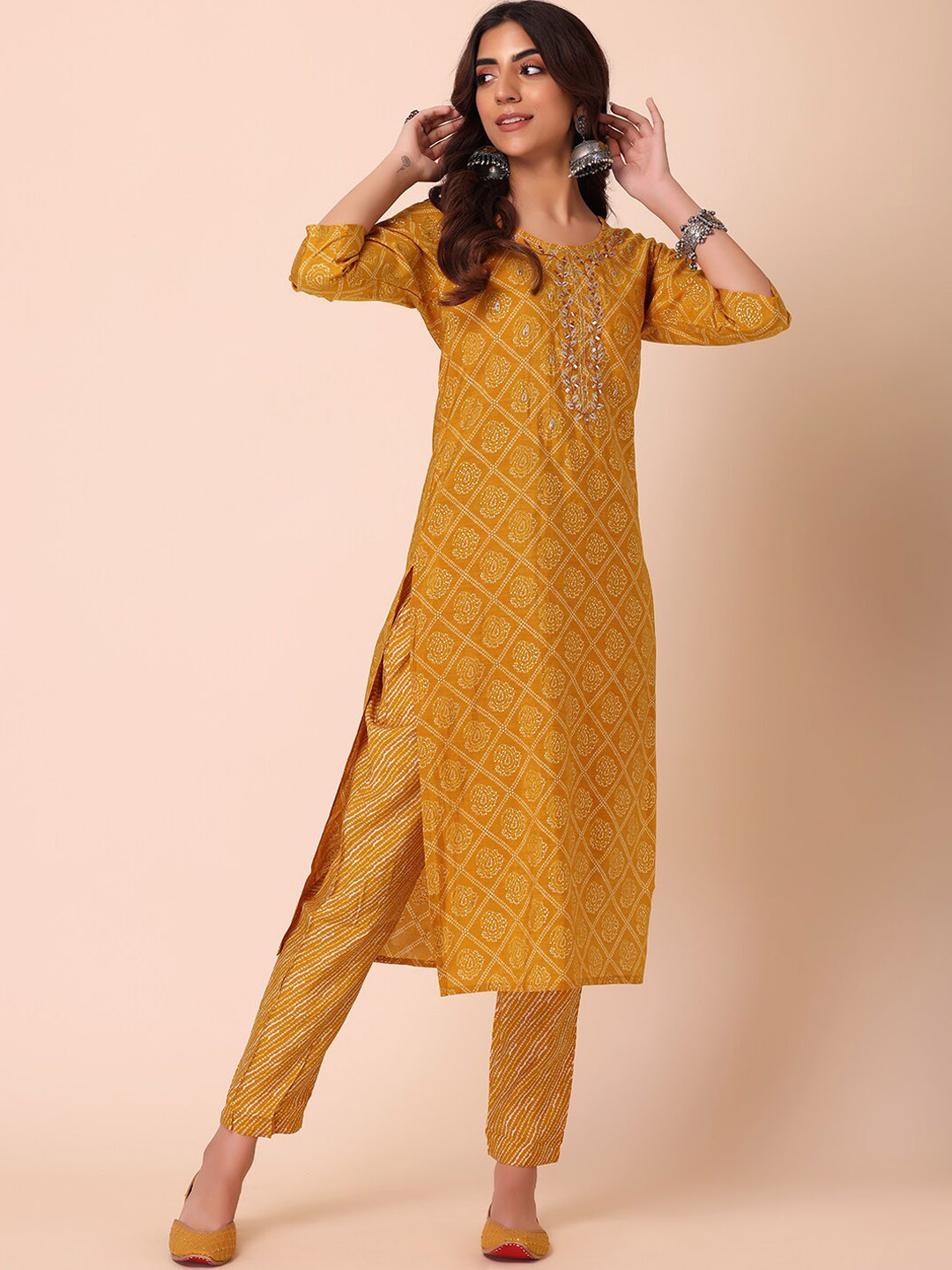 

INDYA Women Ethnic Motifs Embroidered Kurta with Trousers, Mustard