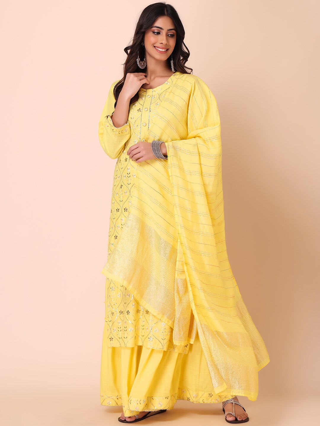 

INDYA Women Embroidered Kurta with Sharara & Dupatta, Yellow