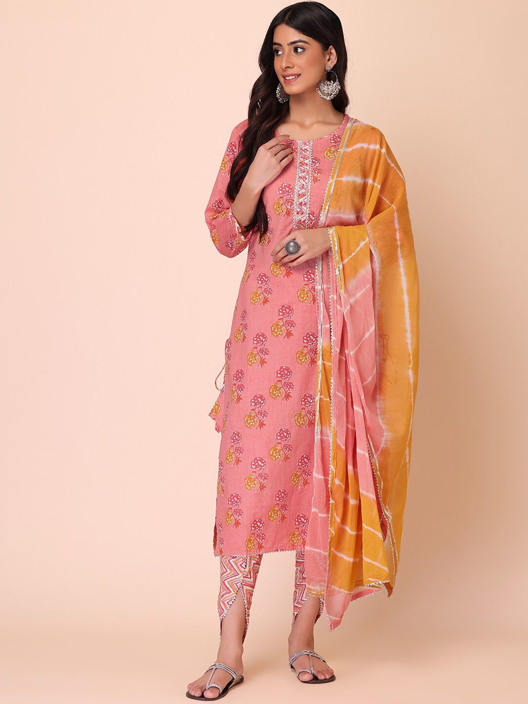 

INDYA Women Pink Floral Printed Pure Cotton Kurta with Dhoti Pants & With Dupatta