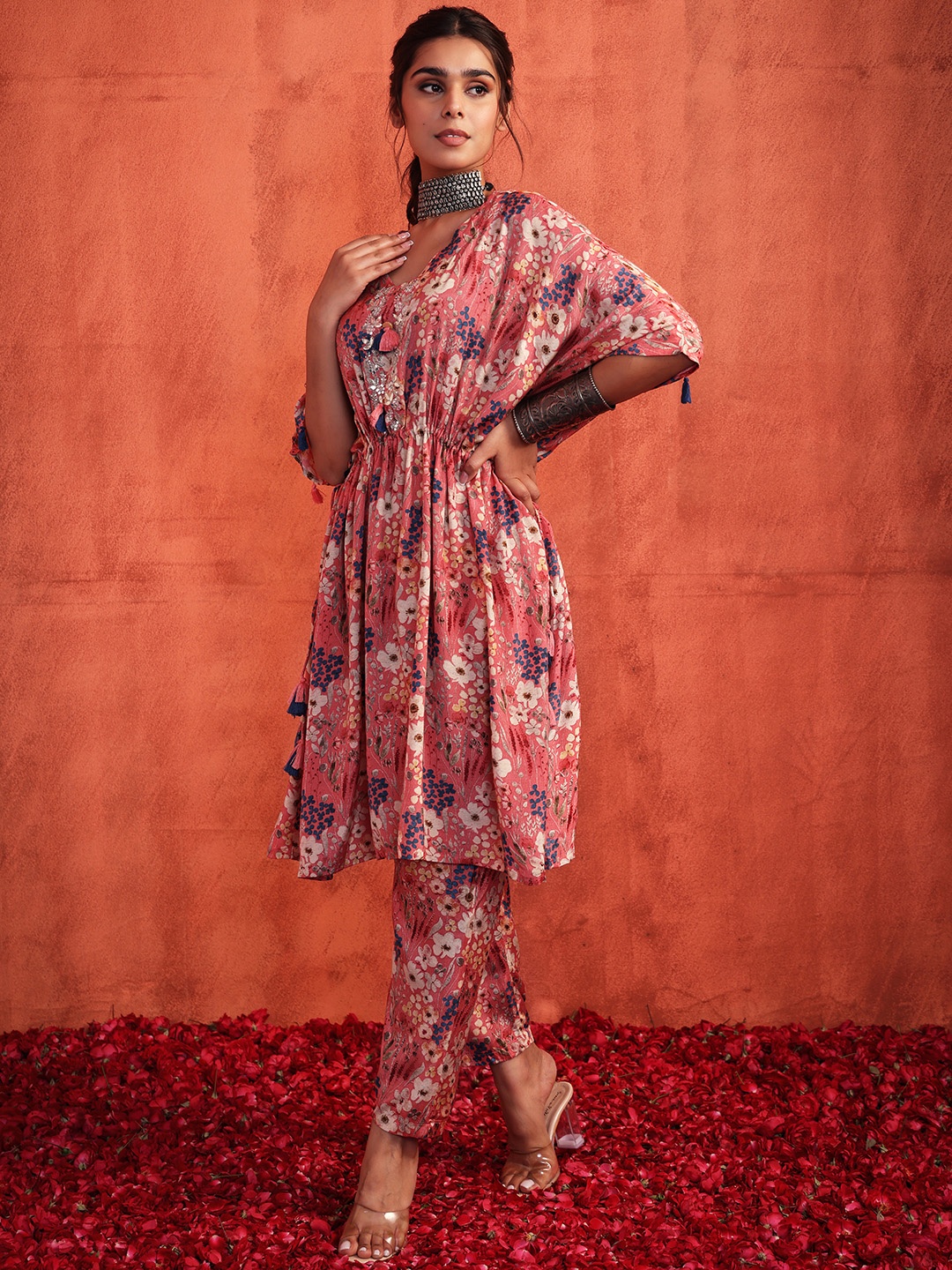 

INDYA Women Pink Floral Printed Pleated Kurta with Trousers
