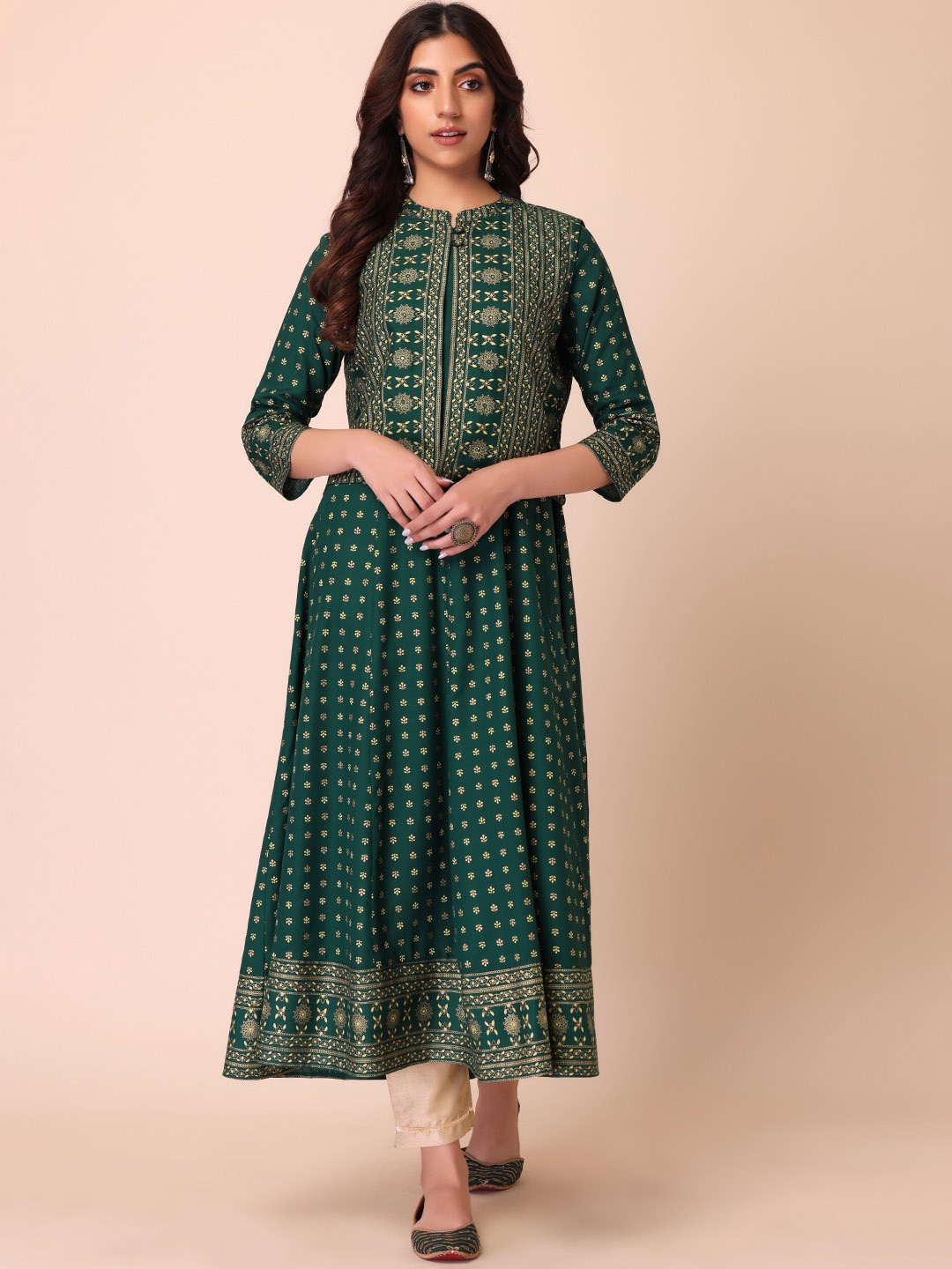 

INDYA Women Printed Panelled Kurta with Skirt, Green