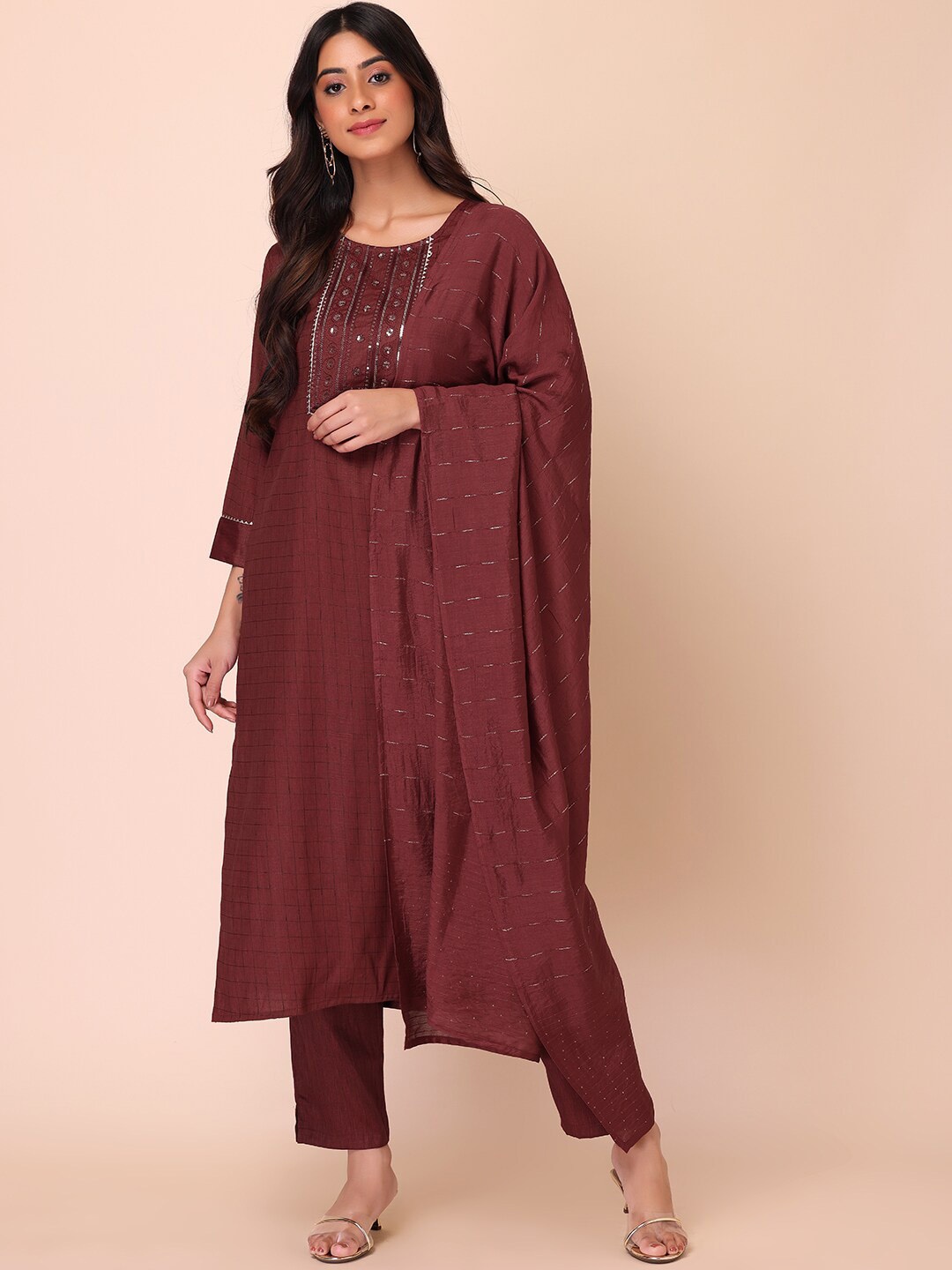 

INDYA Women Yoke Design Layered Kurta with Trousers & Dupatta, Maroon