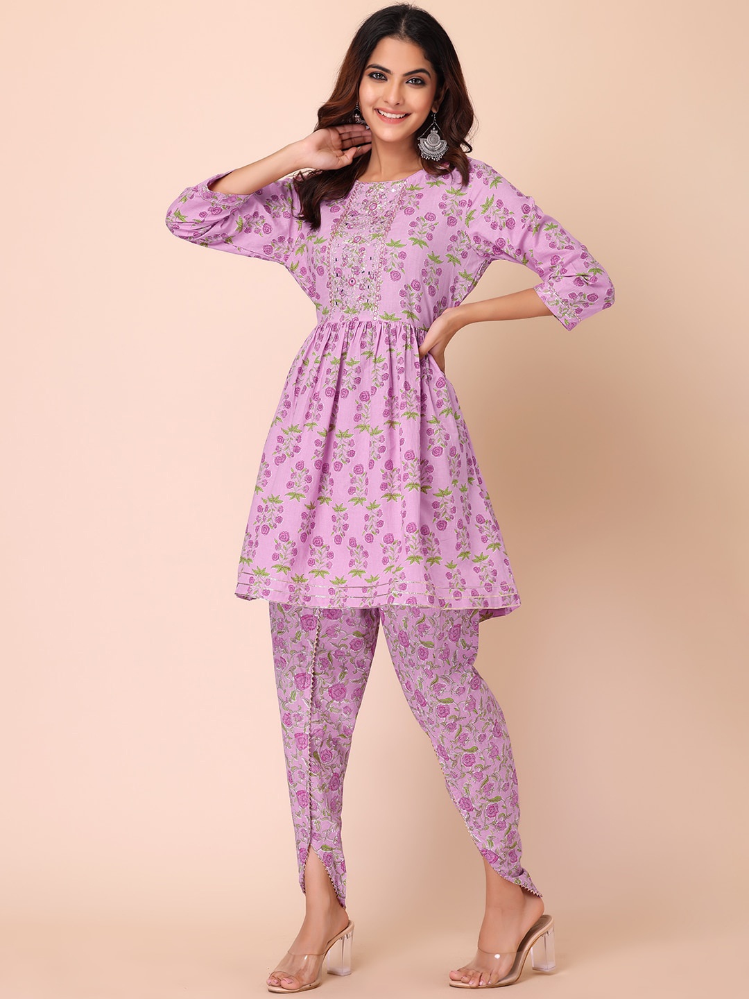 

INDYA Women Floral Printed Pleated Pure Cotton Kurta with Dhoti Pants, Purple