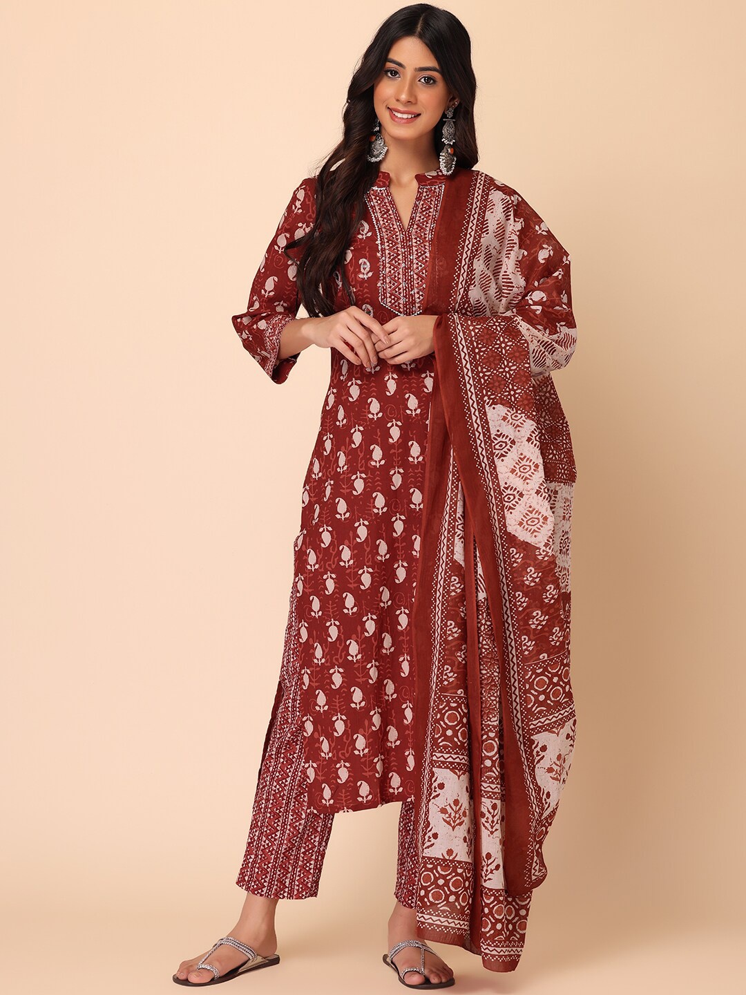 

INDYA Women Printed Mirror Work Kurta with Trousers & With Dupatta, Maroon