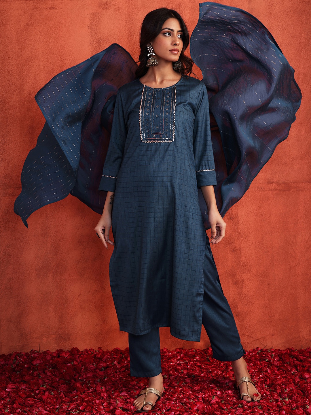 

INDYA Ethnic Motifs Embroidered Kurta with Trousers & Dupatta, Blue