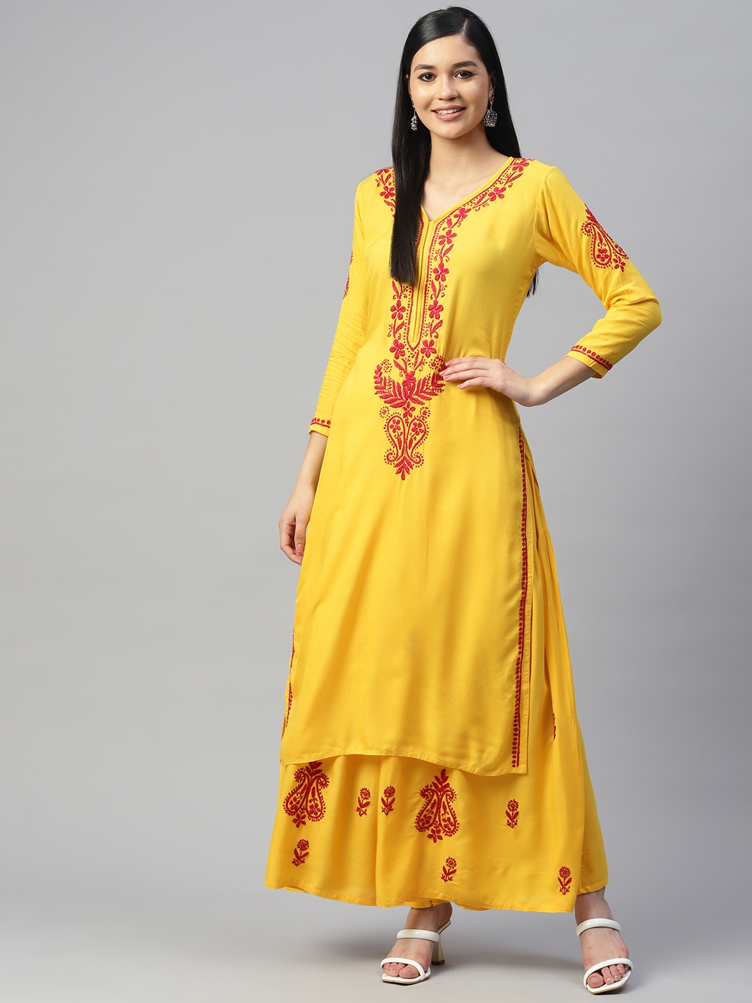 

SHADES Women Floral Embroidered Chikankari Pure Cotton Kurta with Sharara, Yellow