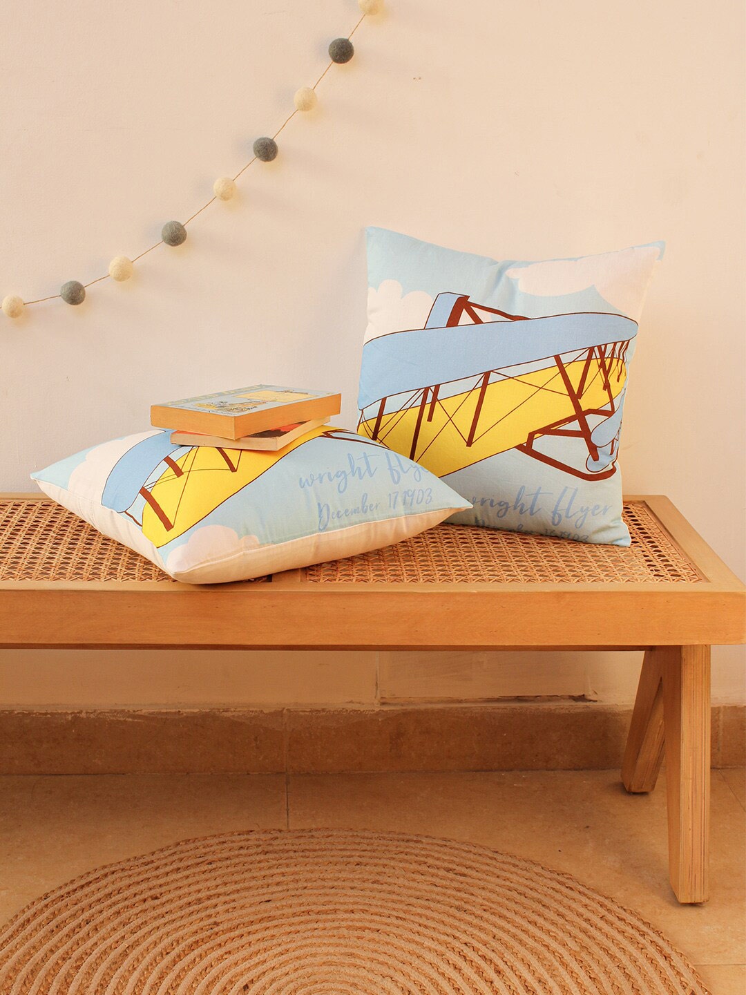 

House This The Stearman Puzzle Blue & Yellow Set of 2 Cotton Square Cushion Covers