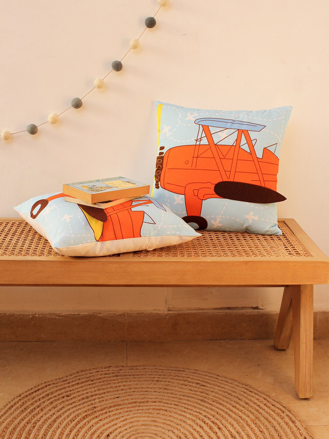 

House This The Wright Flyer Blue & Orange Cartoon Characters Cotton Square Cushion Covers