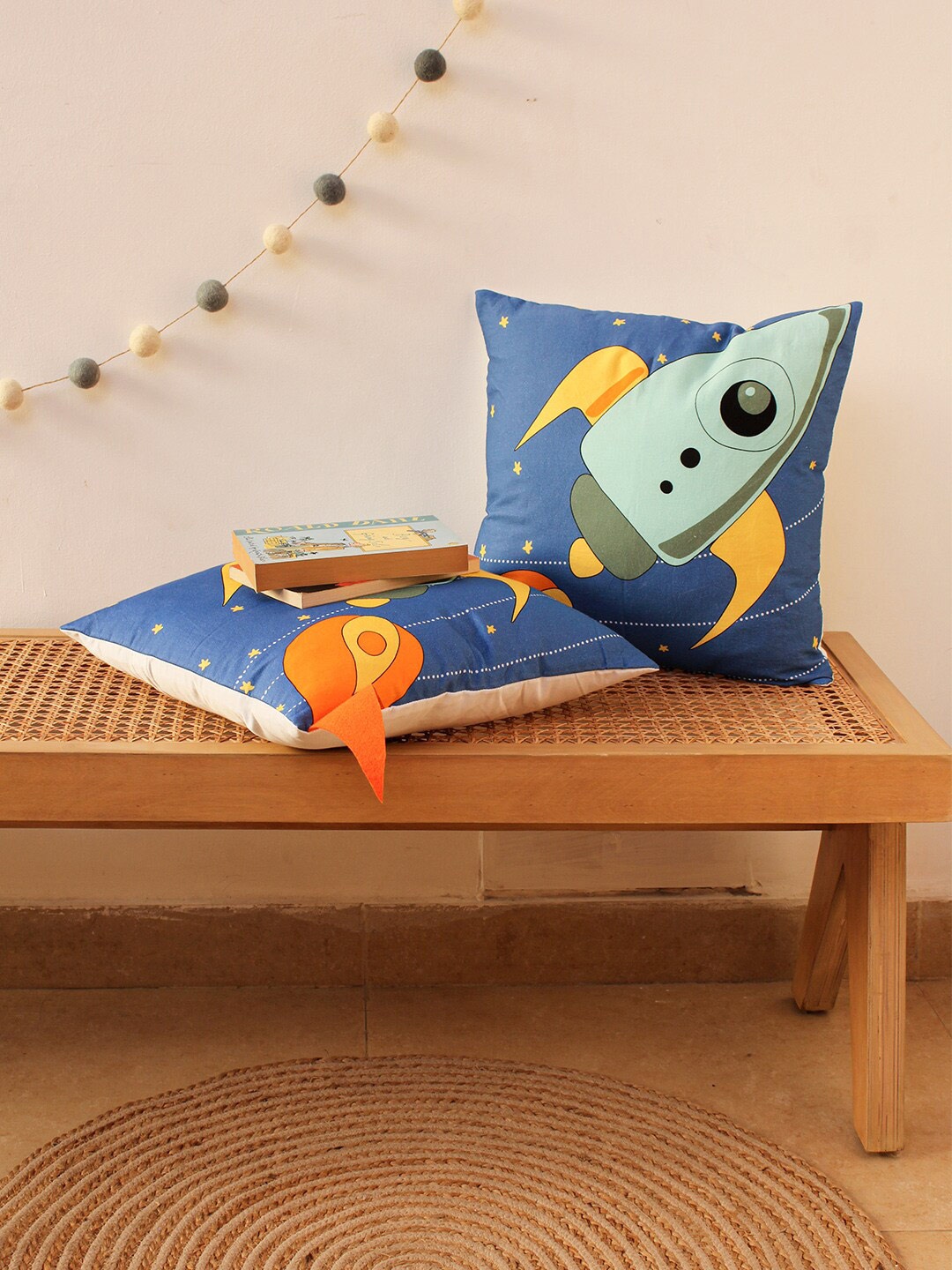 

House This The Tiny Spacecraft Blue & White Set of 2 Cotton Square Cushion Covers