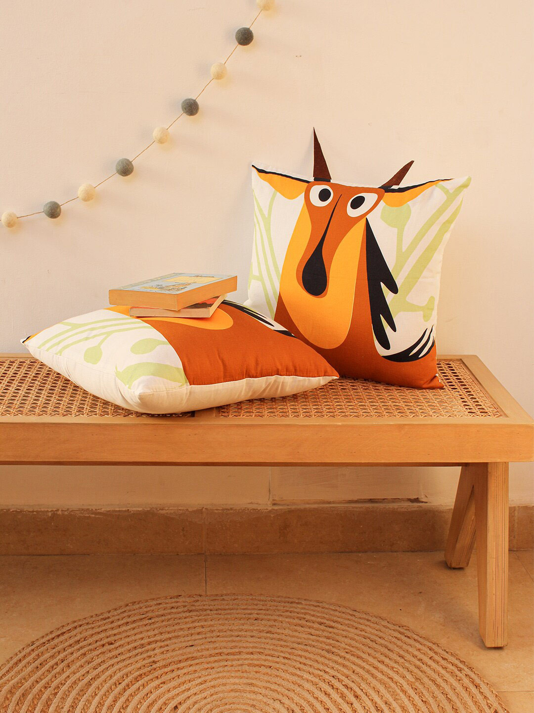 

House This The Surprised Neelgai White & Brown Set of 2 Abstract Square Cushion Covers