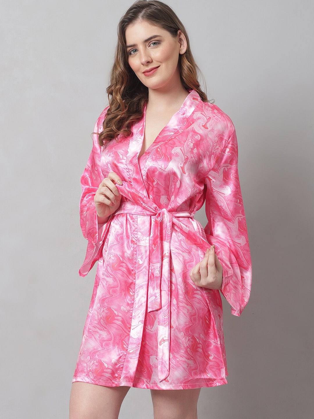 

Claura Women Pink & Silver Printed Silk Robe