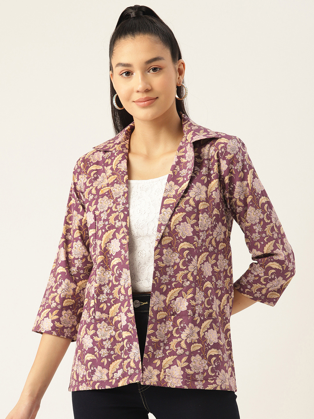 

MISRI Women Pure Cotton Floral Printed Blazer, Purple