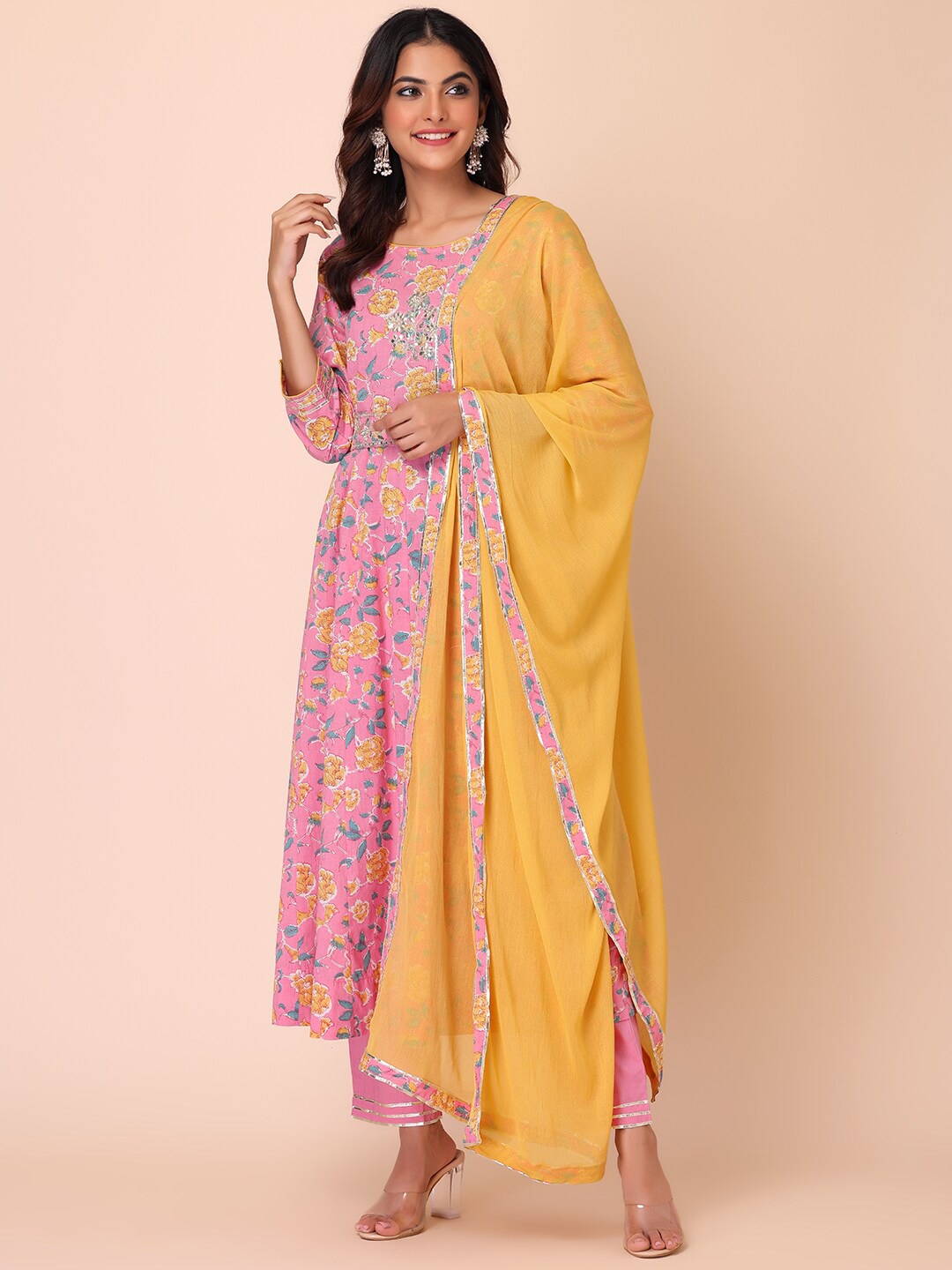 

INDYA Floral Printed Pure Cotton Kurti with Trousers & With Dupatta, Pink