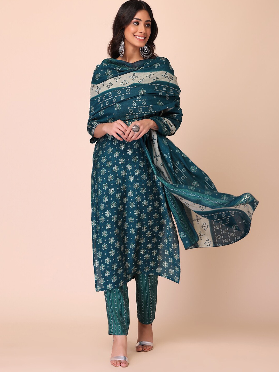 

INDYA Ethnic Motifs Printed Kurta with Trousers & With Dupatta, Teal