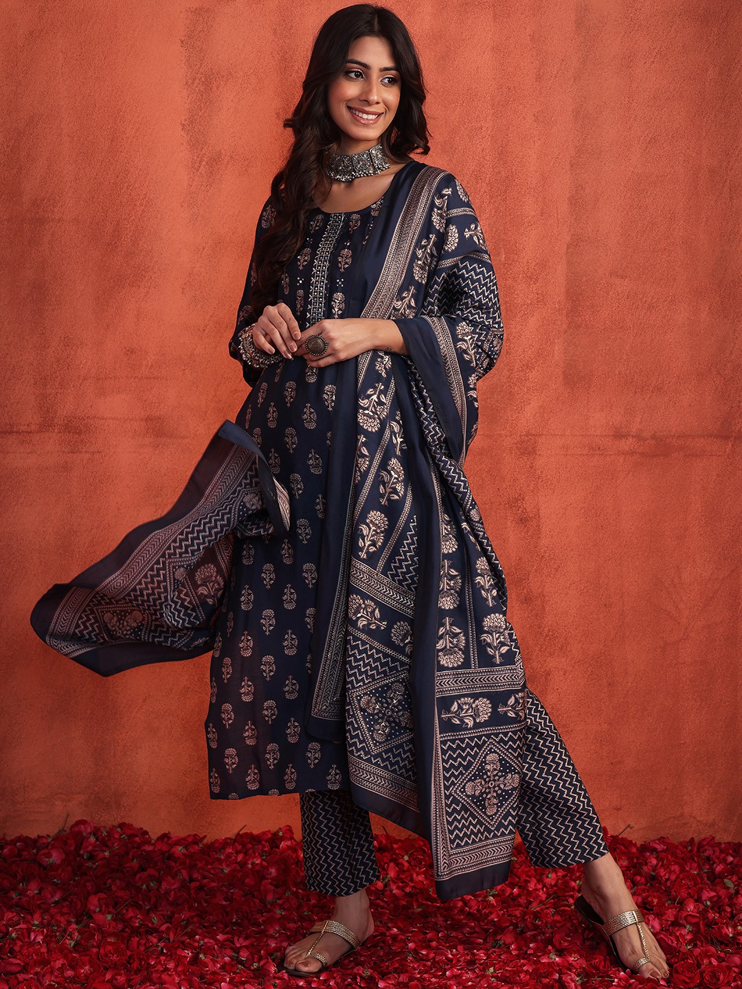 

INDYA Ethnic Motifs Printed Kurta with Trousers & With Dupatta, Blue