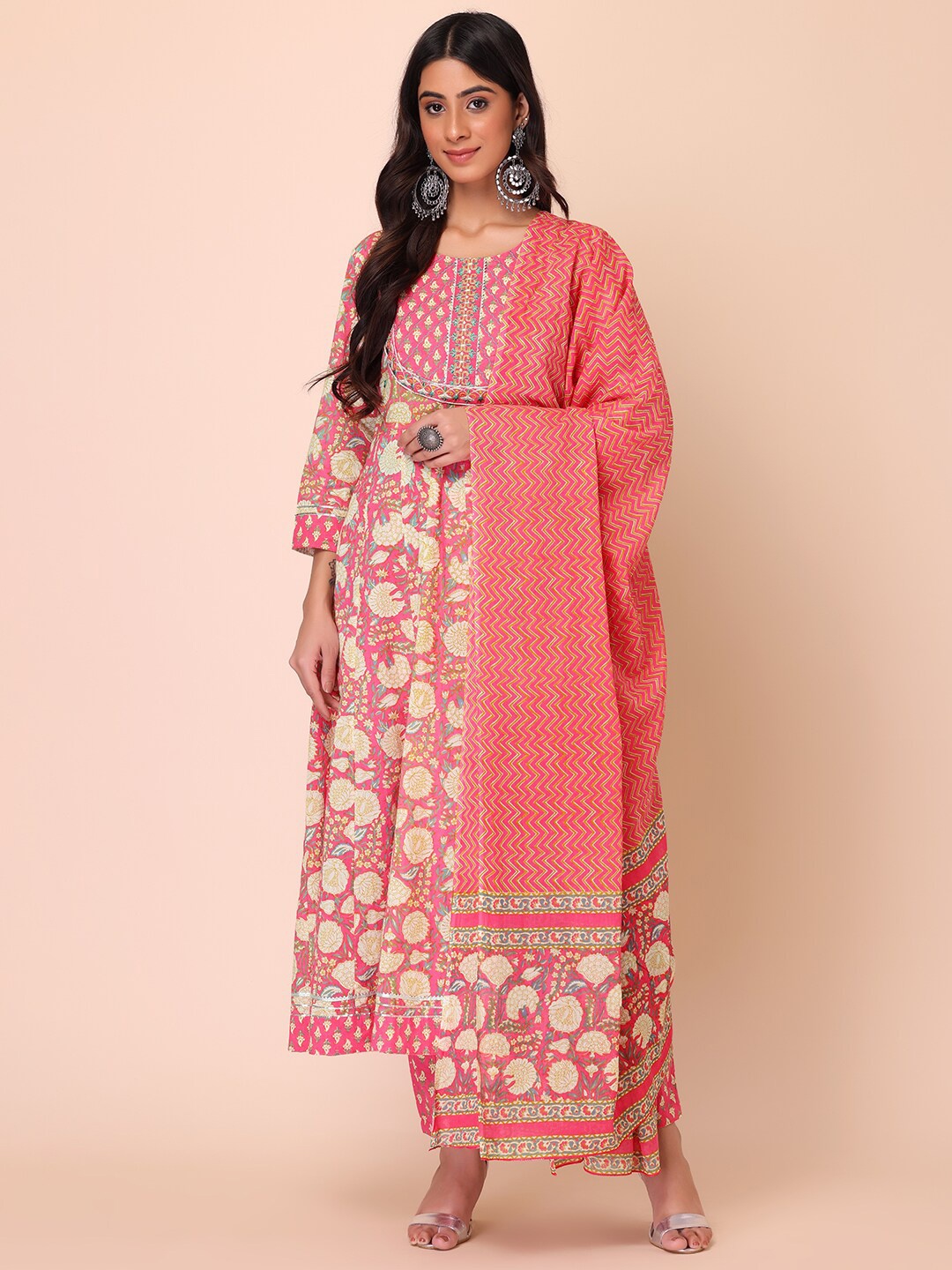 INDYA Floral Printed Pure Cotton Kurta with Trousers & With Dupatta, Pink