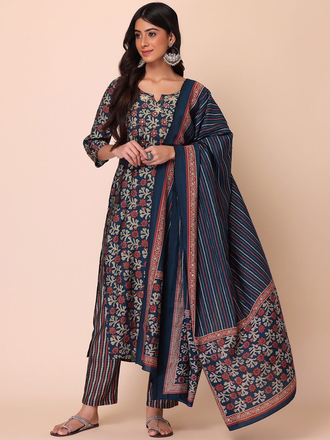 

INDYA Ethnic Motifs Embroidered Pleated Kurti with Trousers & With Dupatta, Blue