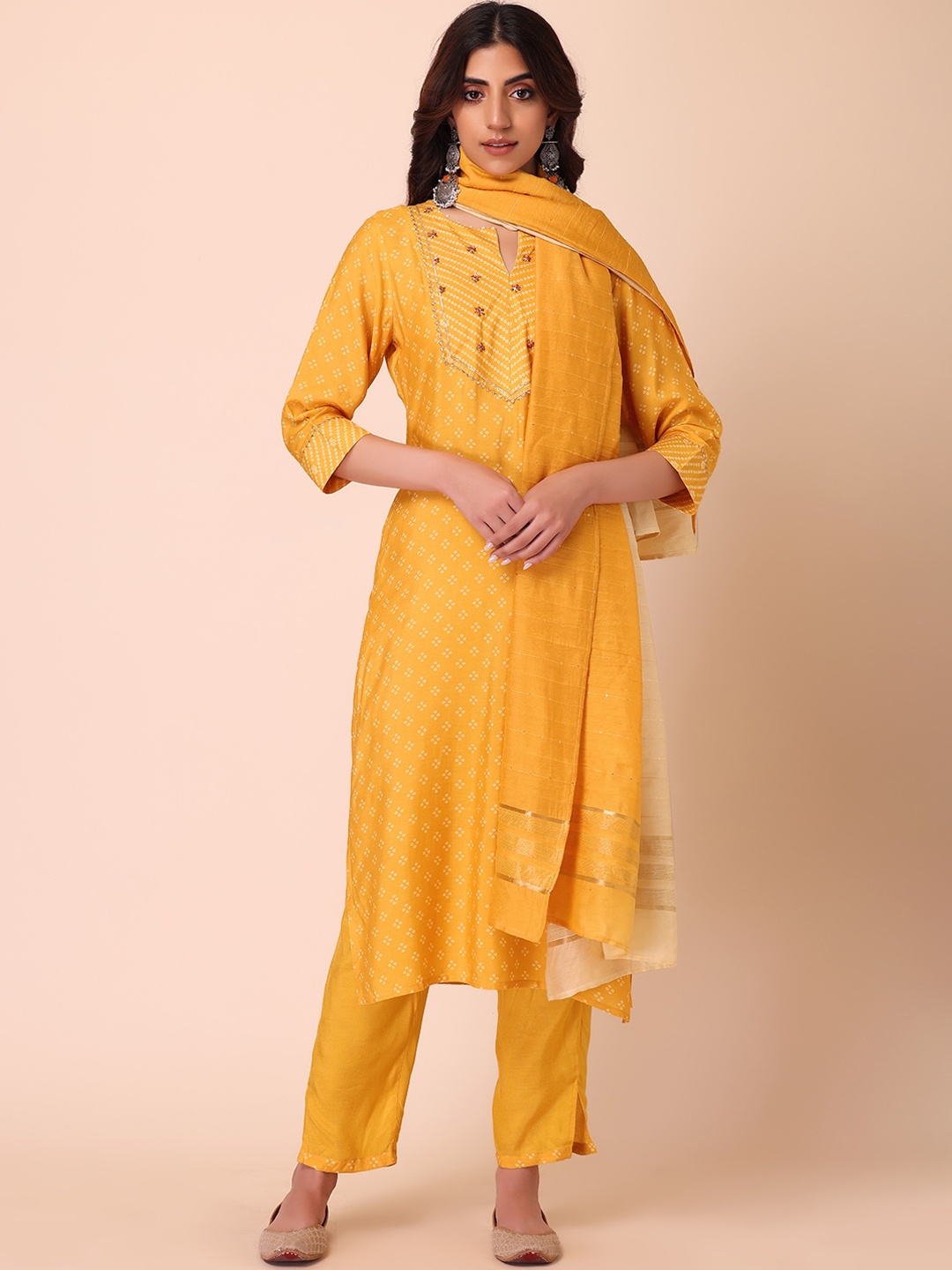 

INDYA Kurti with Trousers & With Dupatta, Yellow