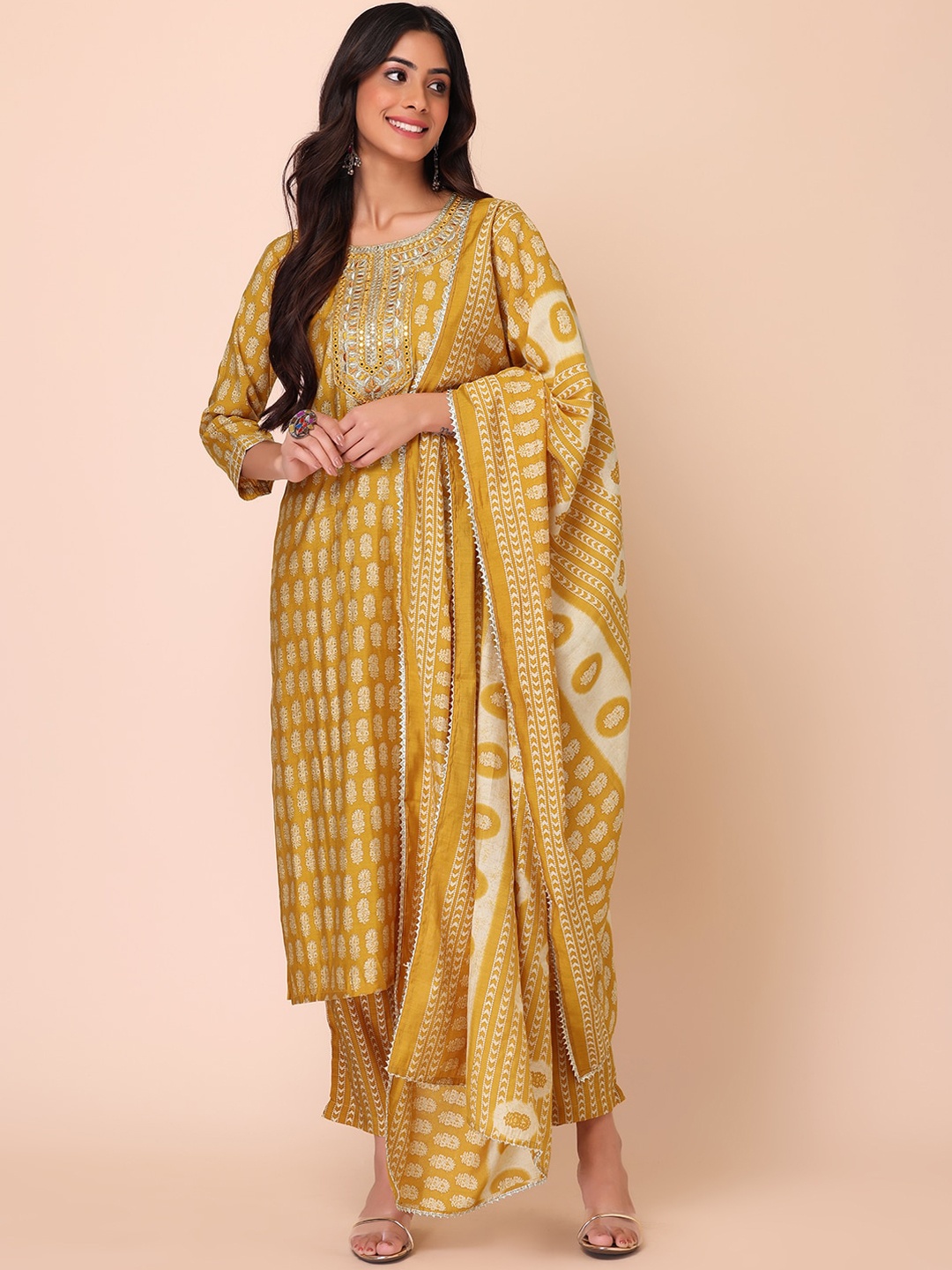 

INDYA Women Floral Printed Gotta Patti Kurta With Trousers & Dupatta, Mustard