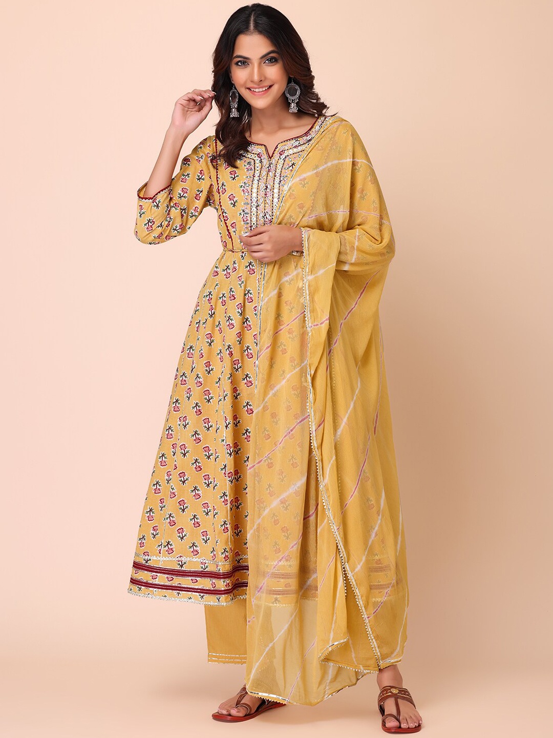 

INDYA Women Floral Printed Panelled Thread Work Pure Cotton Kurta With Trousers & Dupatta, Yellow