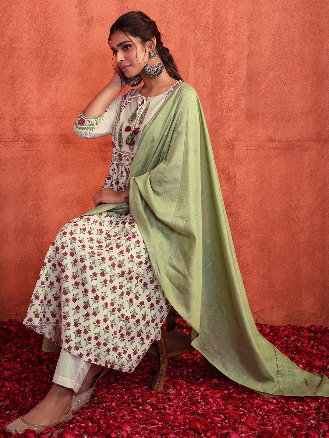 

INDYA Women Printed Angrakha Pure Cotton Kurta with Trousers & Dupatta, White