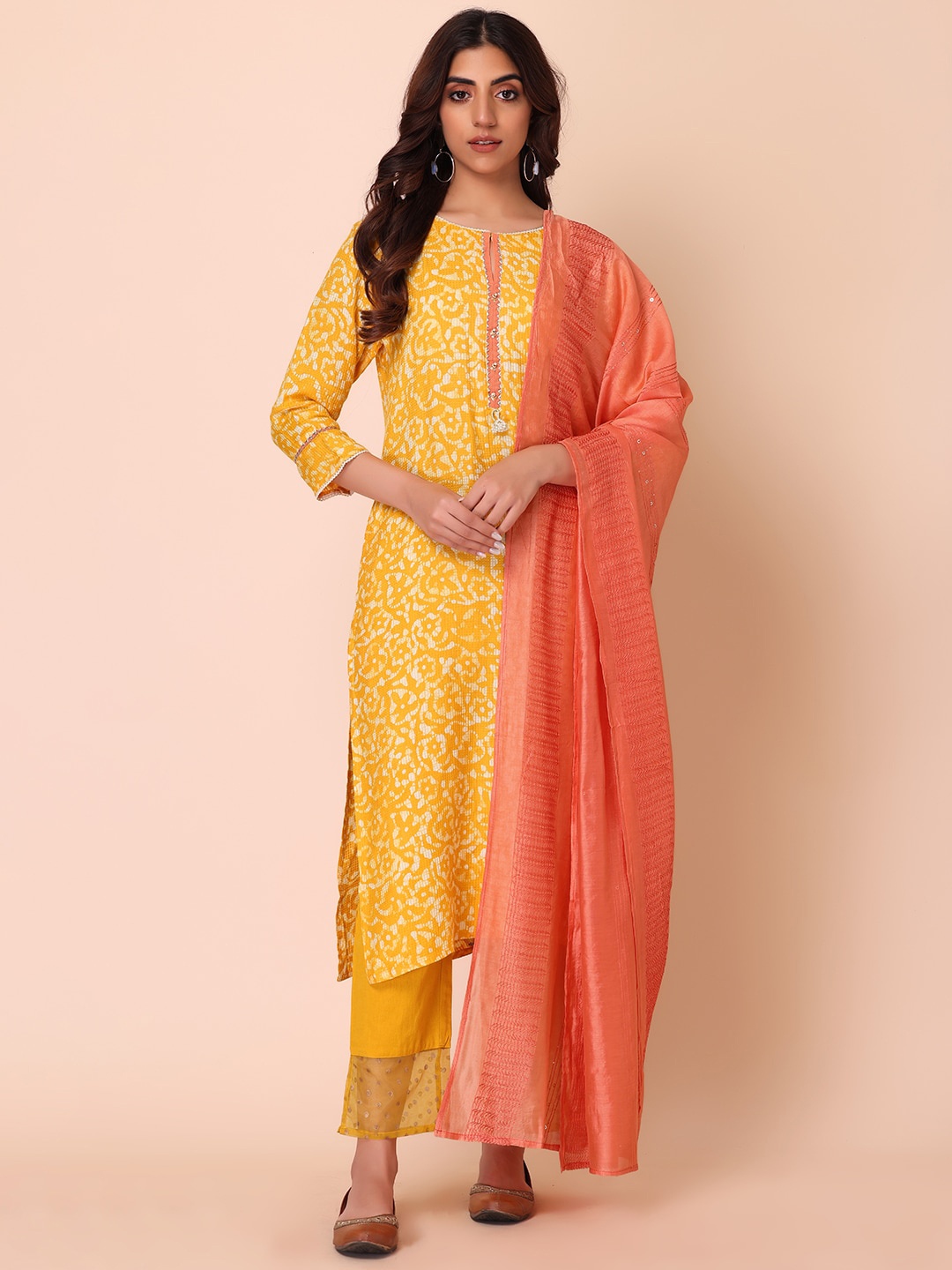 

INDYA Women Floral Printed Kurta with Trousers & With Dupatta, Yellow