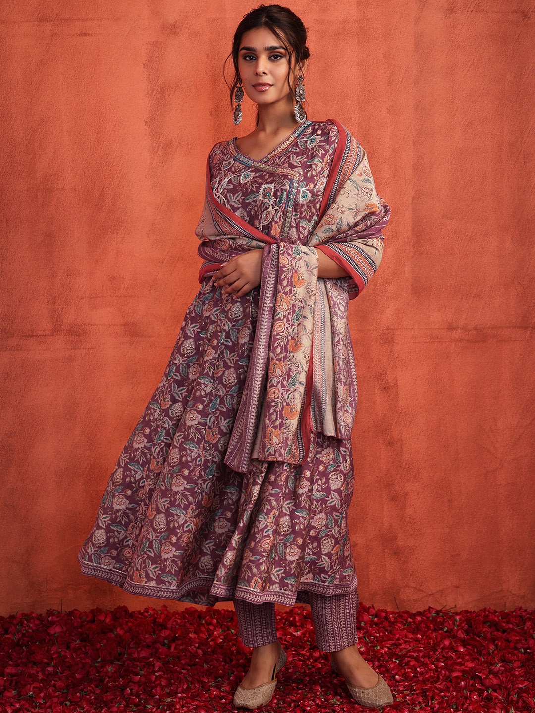 

INDYA Women Floral Printed Angrakha Kurta with Trousers & With Dupatta, Pink