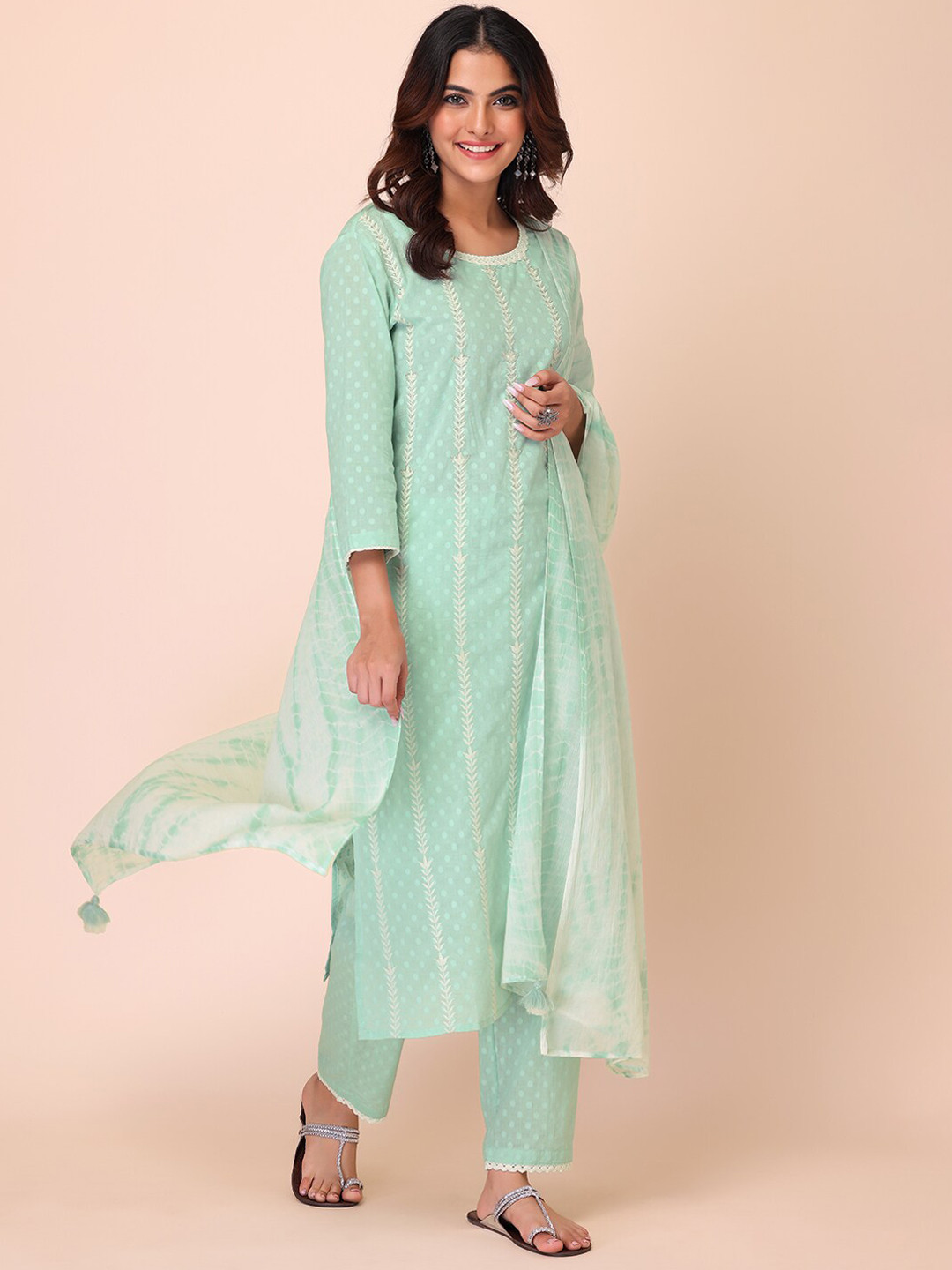 

INDYA Women Embroidered Thread Work Pure Cotton Kurta with Trousers & With Dupatta, Green