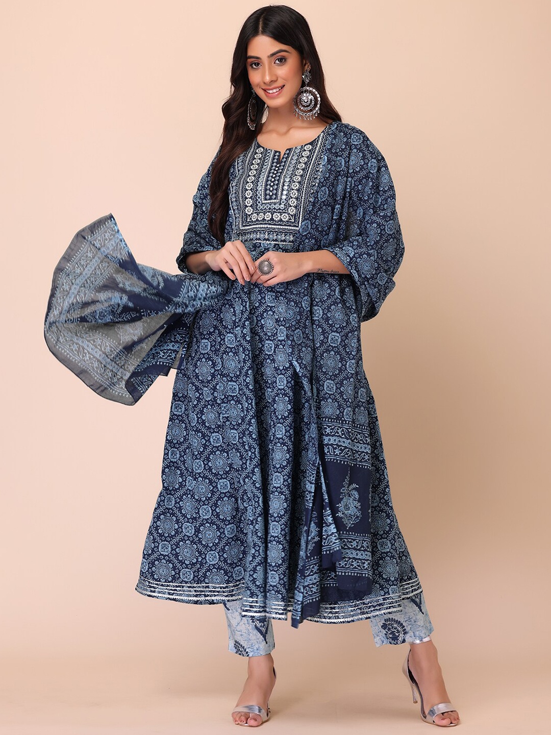 

INDYA Women Ethnic Motifs Printed Pleated Pure Cotton Kurta with Trousers & With Dupatta, Blue