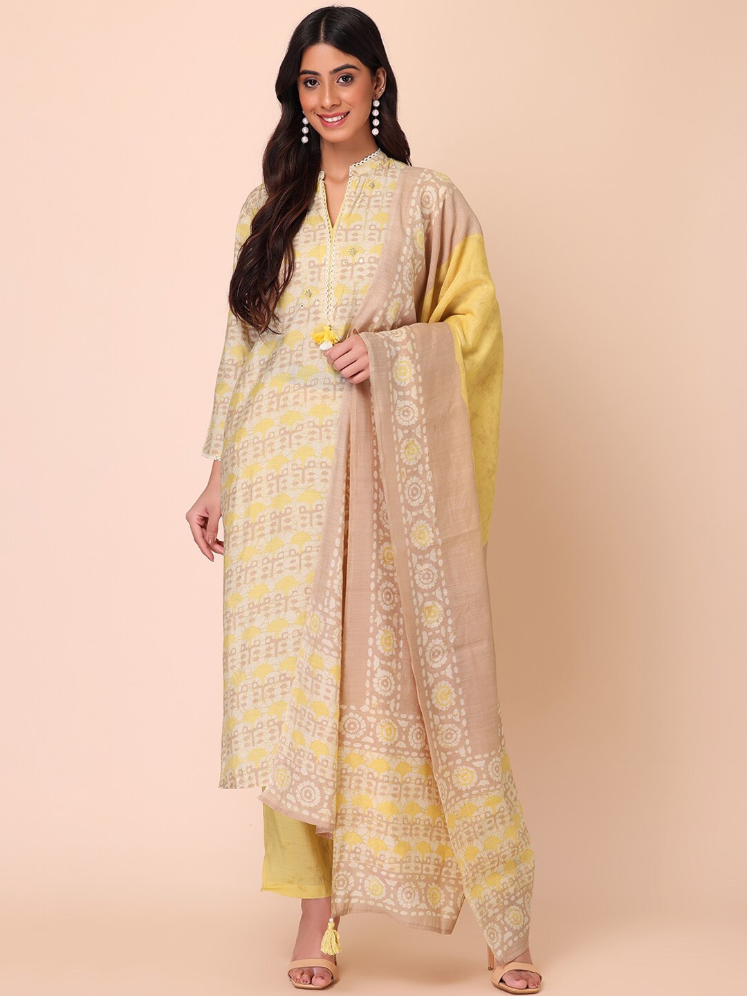 

INDYA Women Printed Kurta with Trousers & With Dupatta, Yellow