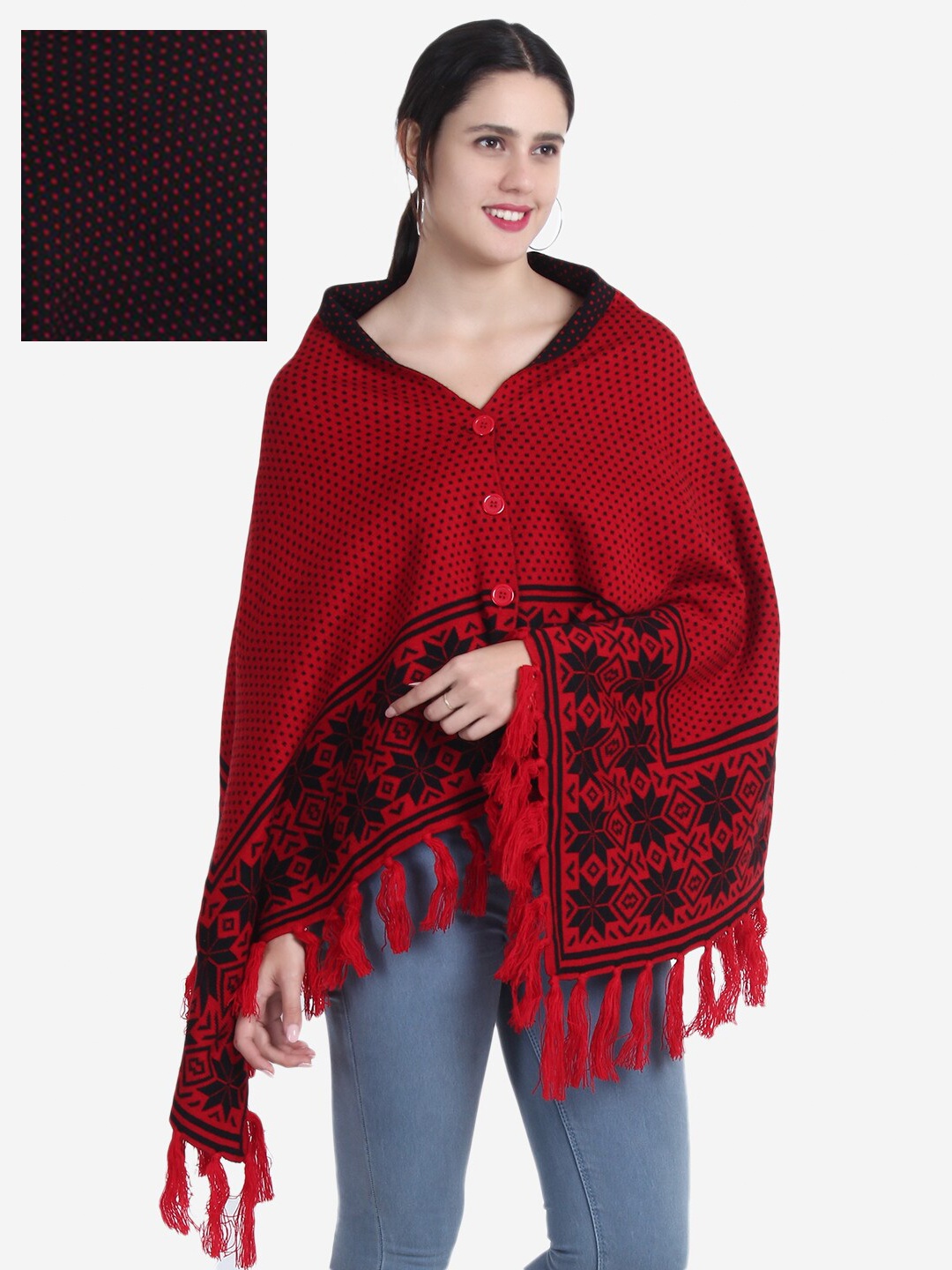 

JoE Hazel Women Red & Black Longline Acrylic Poncho