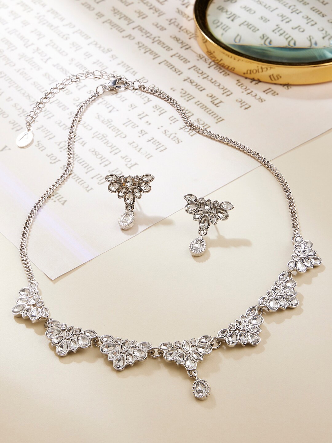 

Accessorize Silver-Toned White Crystals Studded Necklace With Earrings