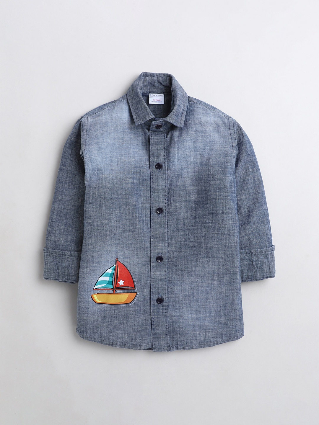 

Polka Tots Boys Faded Cotton Denim Casual Shirt, Blue