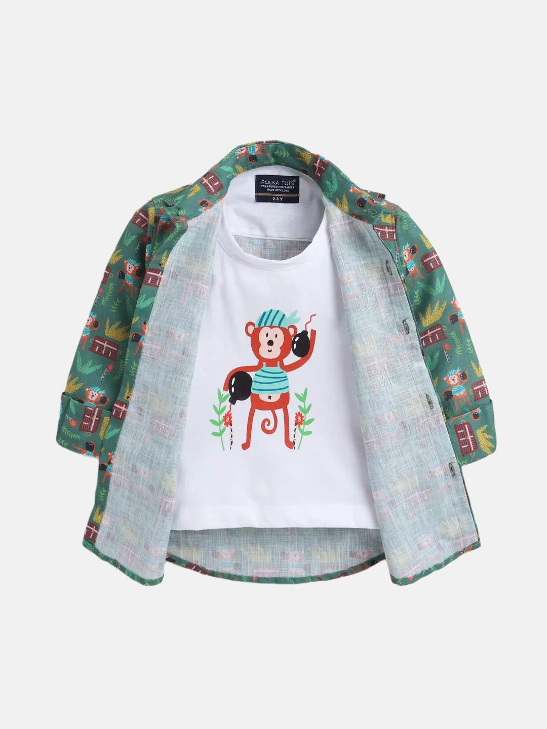 

Polka Tots Boys Printed Cotton Casual Shirt With T-Shirt, Green