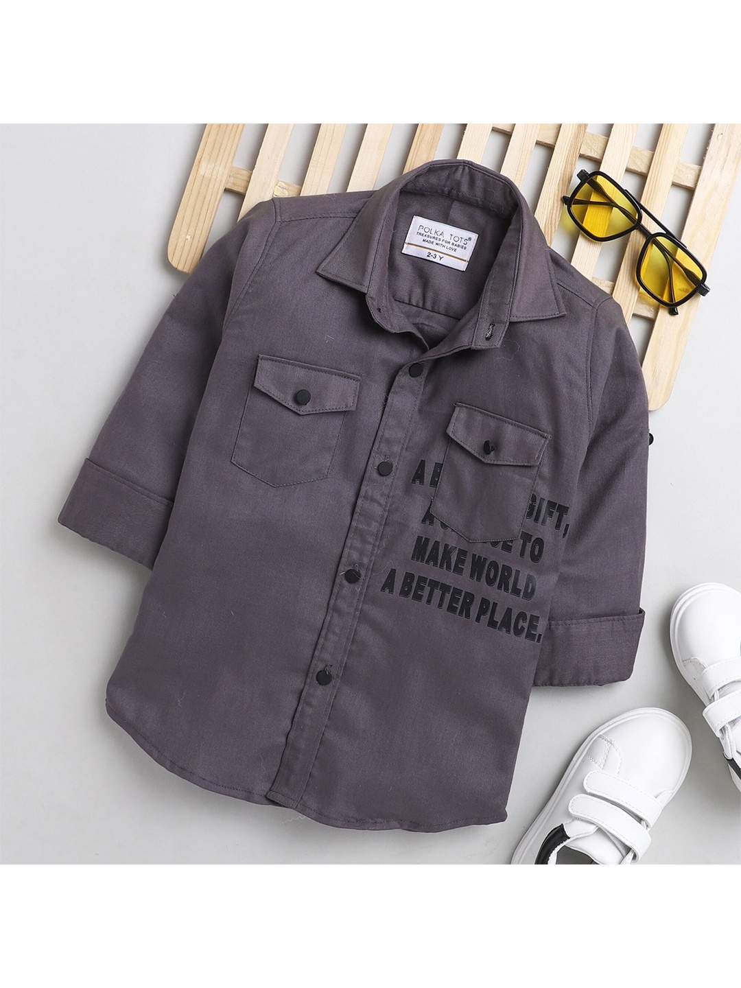 

Polka Tots Boys Grey Cotton Casual Shirt