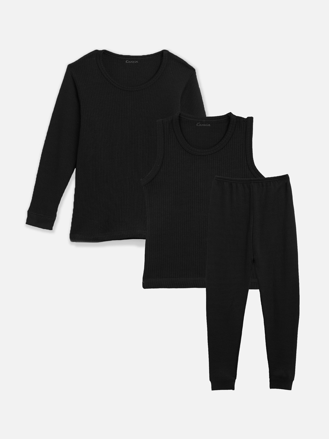 

Kanvin Boys Pack Of 3 Ribbed Round Neck Thermal Top With Bottom, Black